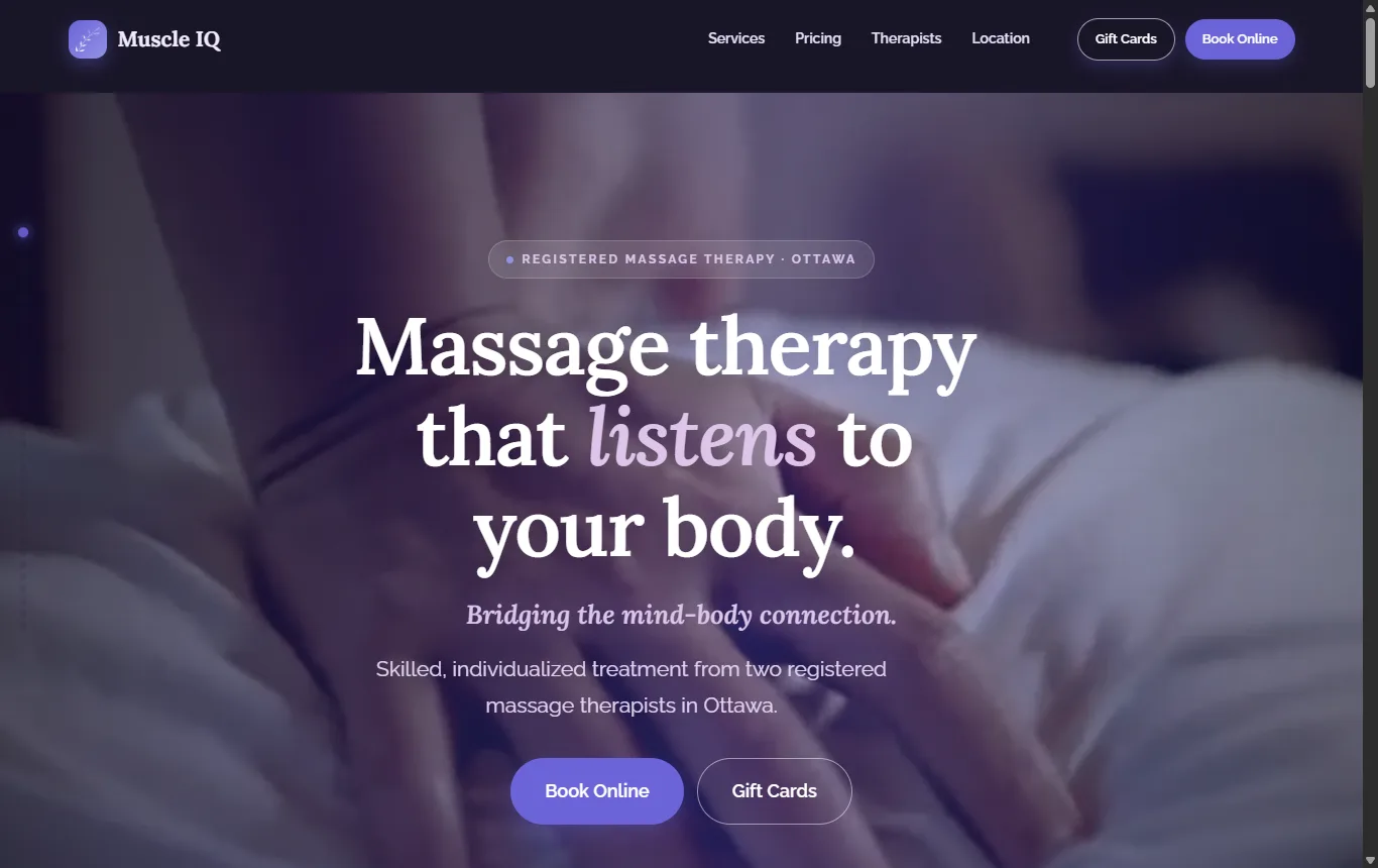 Muscle IQ website — custom mobile-first massage therapy clinic homepage.