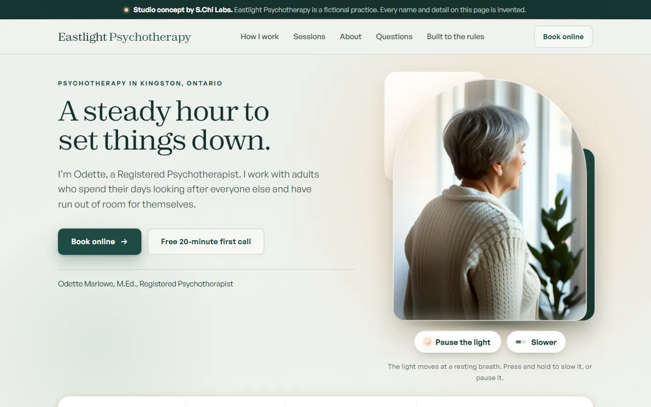 Eastlight Psychotherapy concept homepage for a fictional practice: a one-page site with a breathing-light hero, a three-ring feelings and needs wheel, an Internal Family Systems parts moment and a session picker that hands off to the exact booking session, written to the Ontario psychotherapy college's advertising rules.