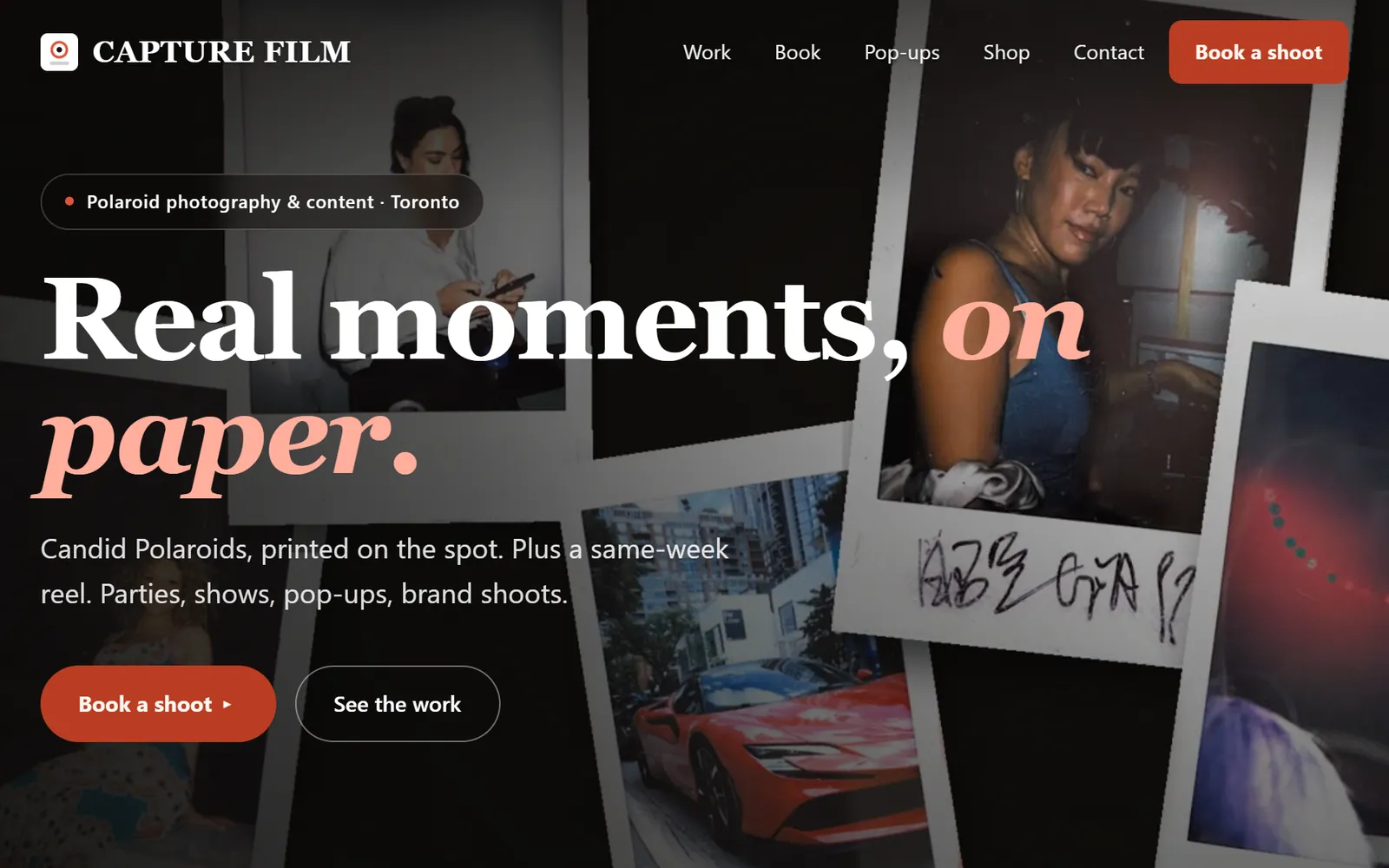 Capture Film homepage: Real moments, on paper, over scattered Polaroid portraits.