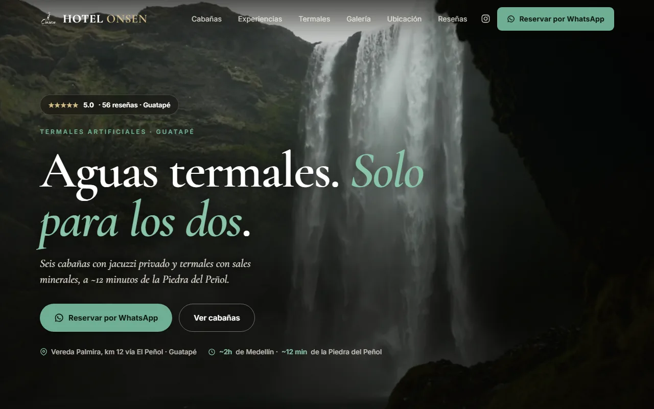Hotel Onsen concept website — bilingual termales and cabanas retreat homepage in Guatape.