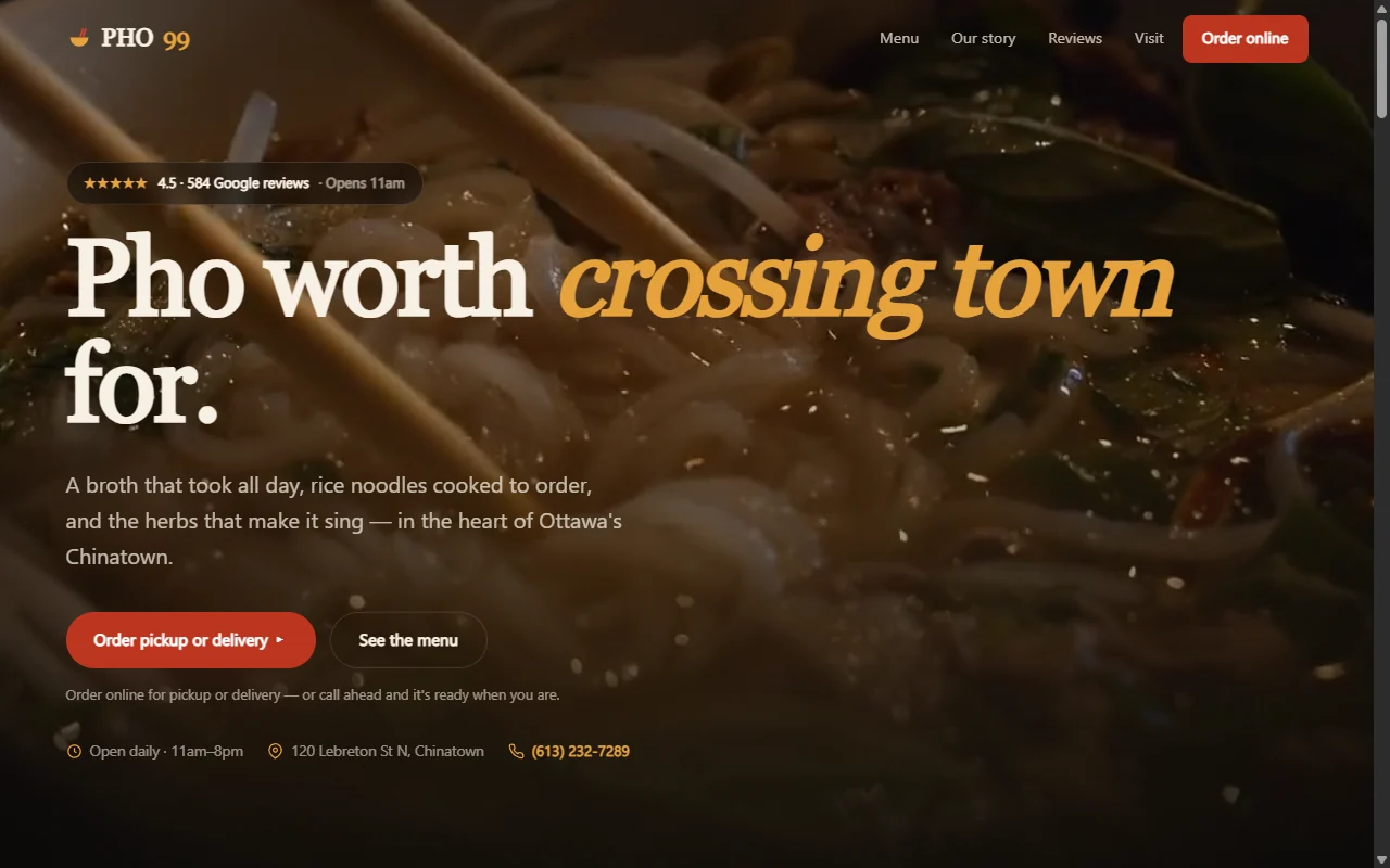 Pho 99 concept website — warm, fast Vietnamese restaurant homepage.