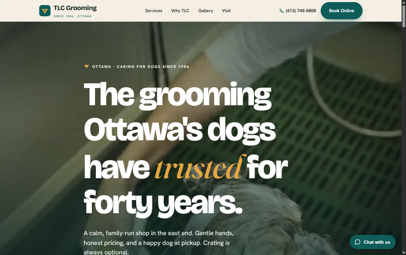 TLC Grooming website — gentle family-run dog grooming homepage in east-end Ottawa.